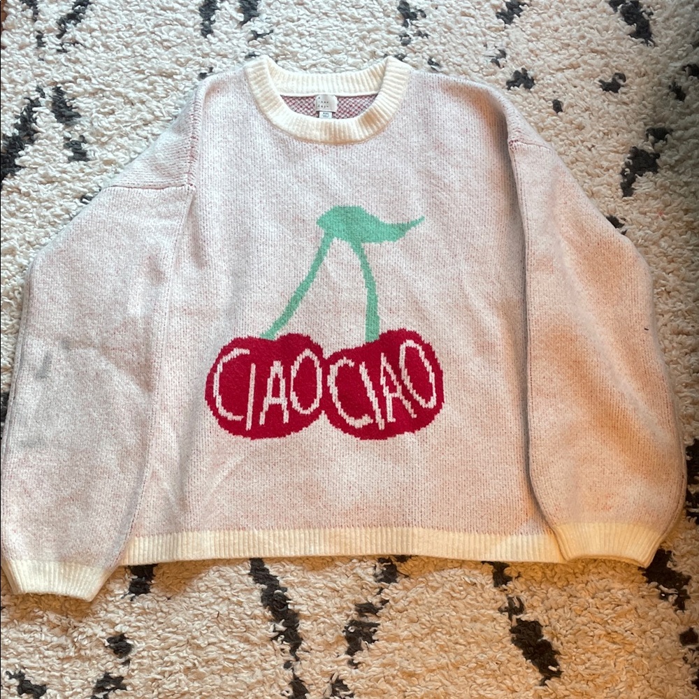 A New Day Oversized Cherry Design Women's Sweater with Balloon Sleeves NWOT